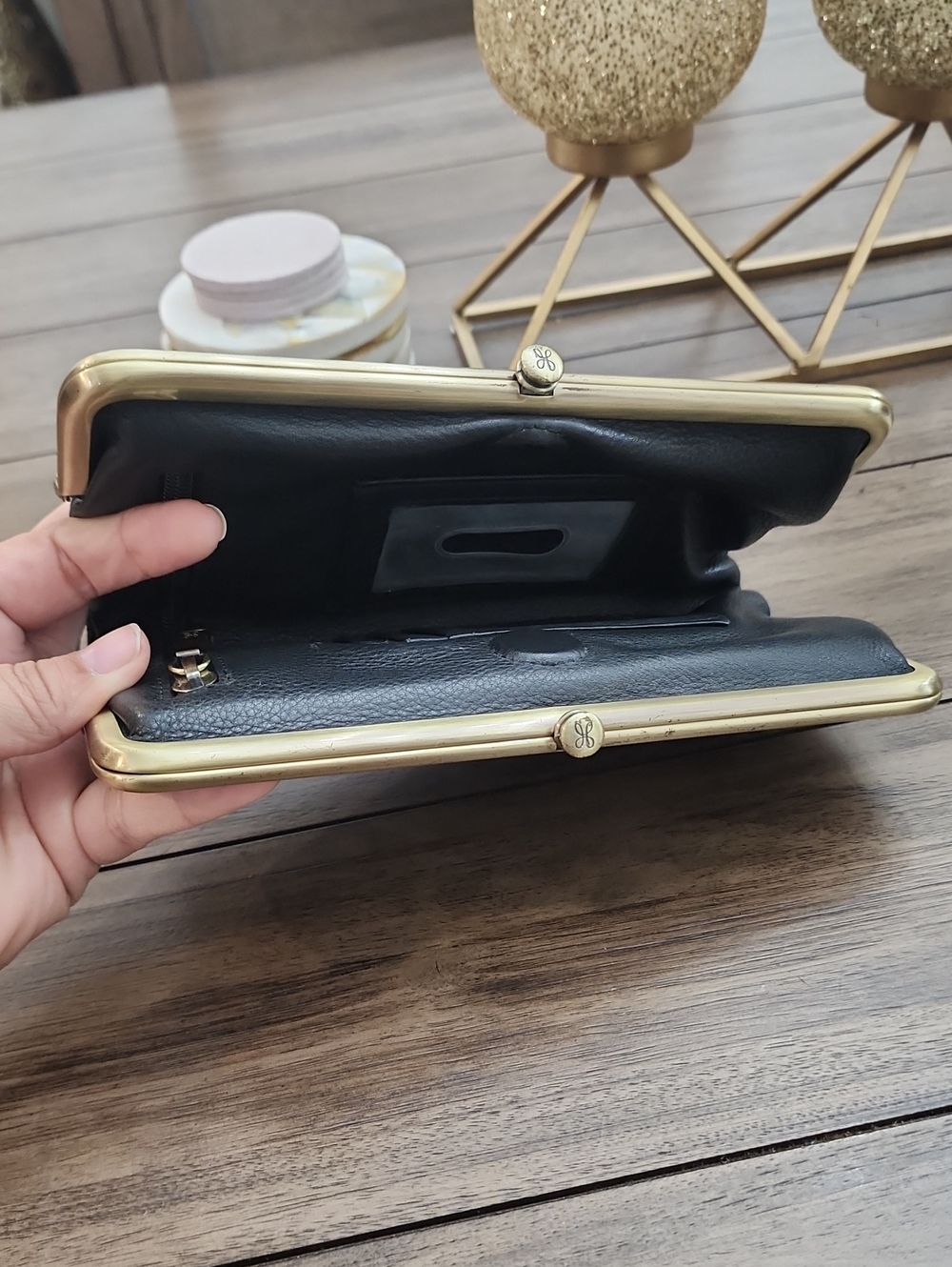 Hobo Classic Black Leather Double-Compartment Clutch with Gold Frame - Picture 9 of 15